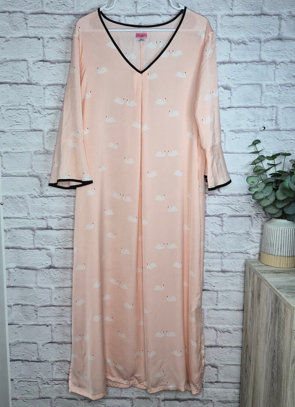 Kate Spade New York Swan Print Caftan Maxi Dress Lounge Nightgown Pink L/XL
